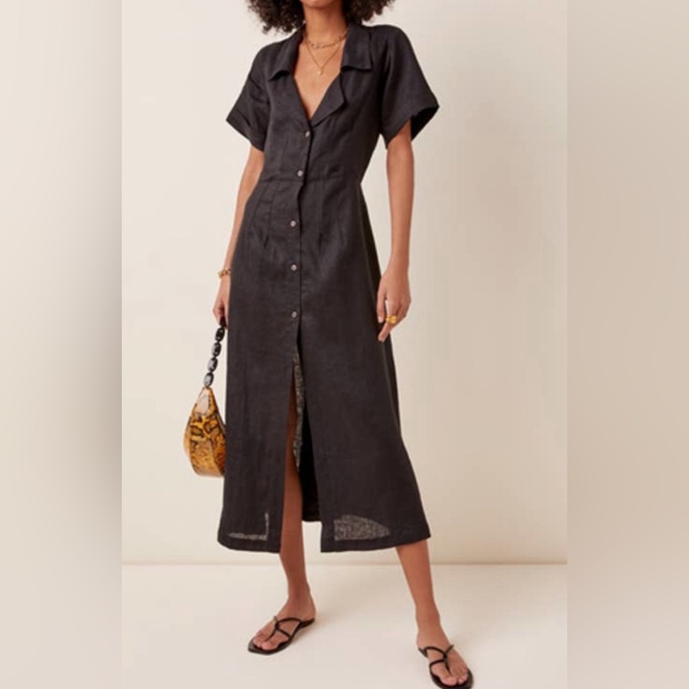 POSSE Elia Linen Midi Shirt Dress In Black
